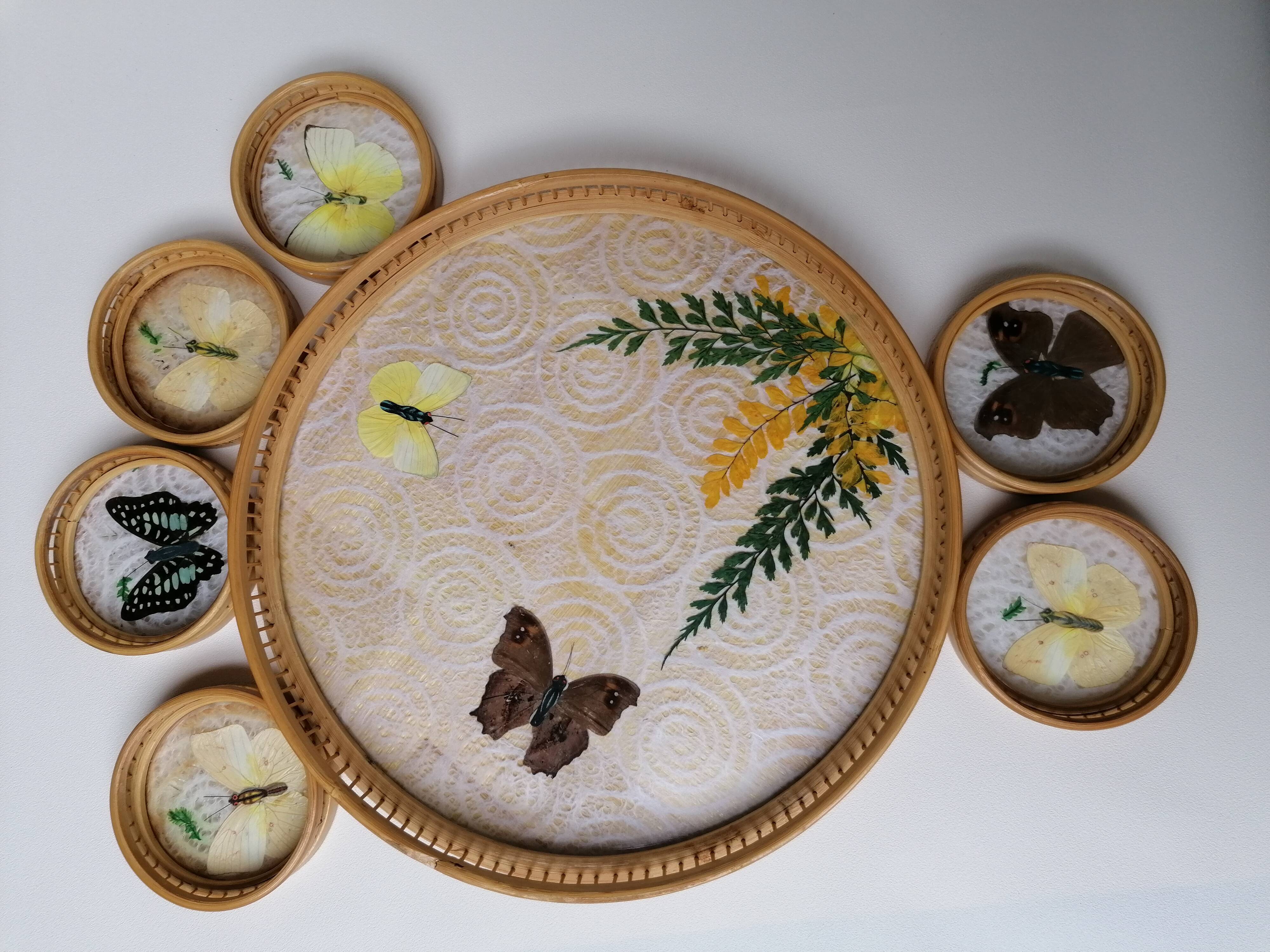 Butterfly rattan tray and coaster