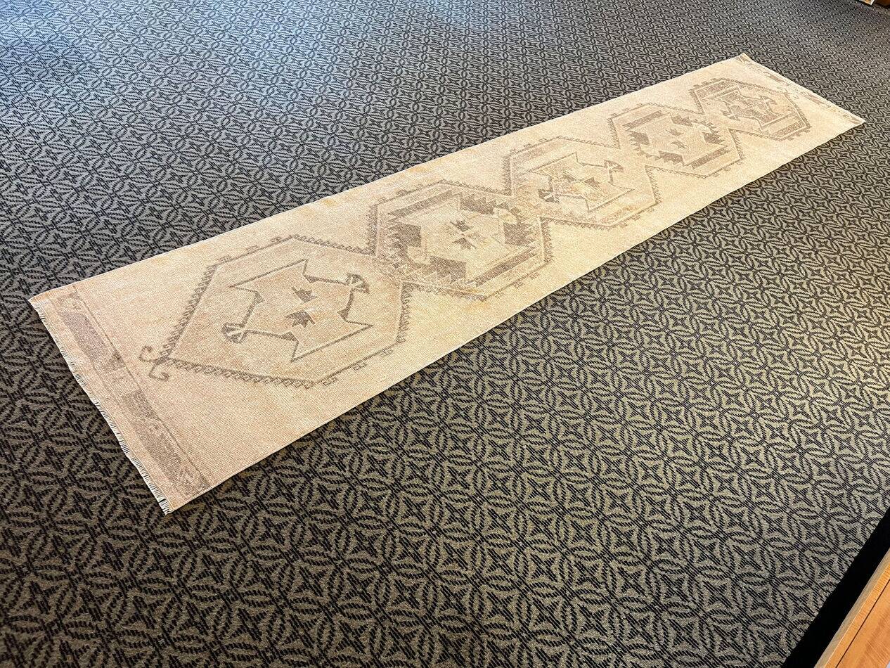 Vintage Handmade Muted Beige and Brown Long Hallway Runner