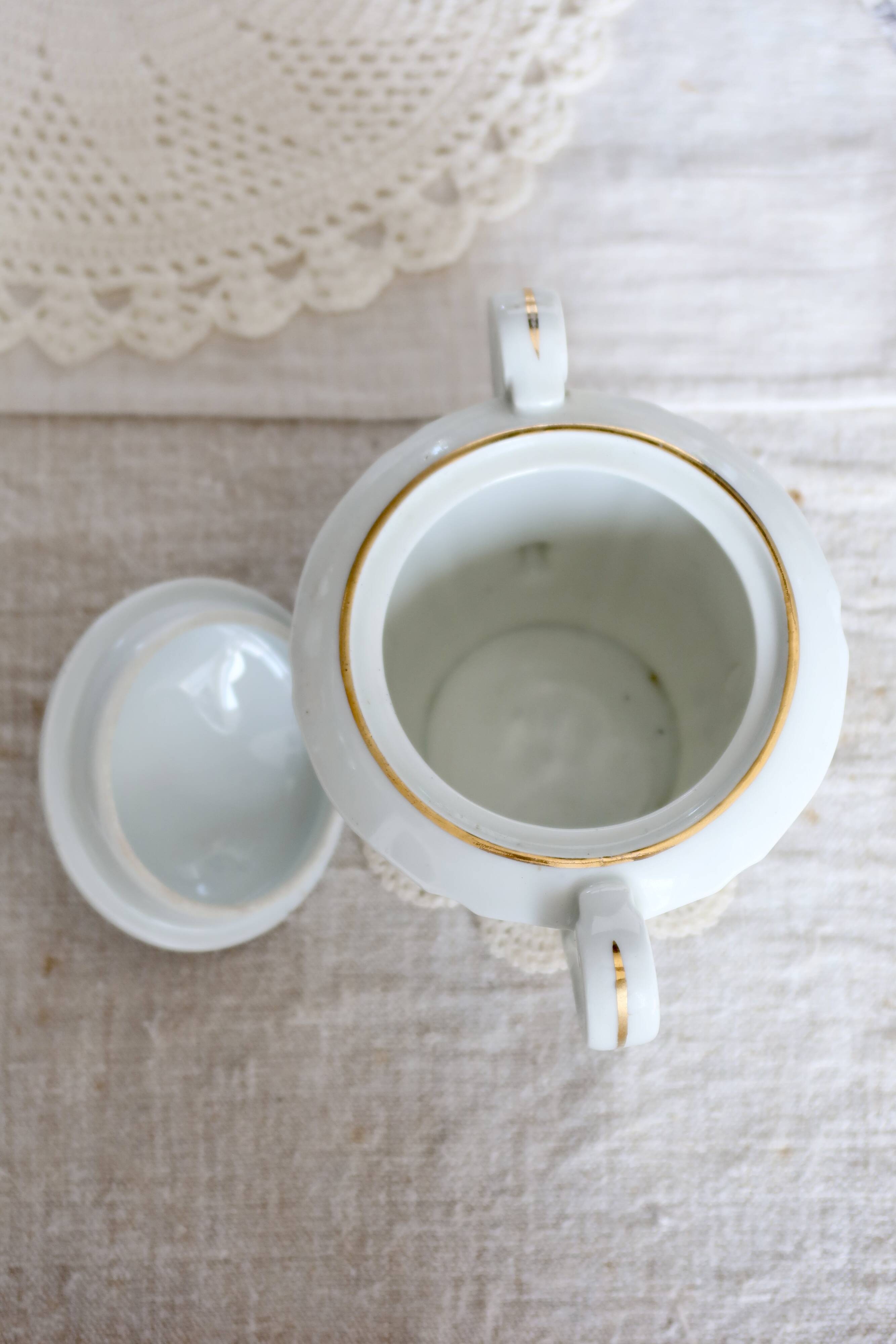 Antique PFC France porcelain sugar bowl with double handles – Gold floral decoration