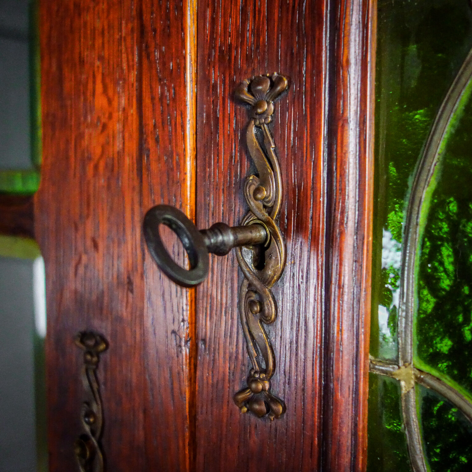 art nouveau cabinet with stained glass window, France circa 1910