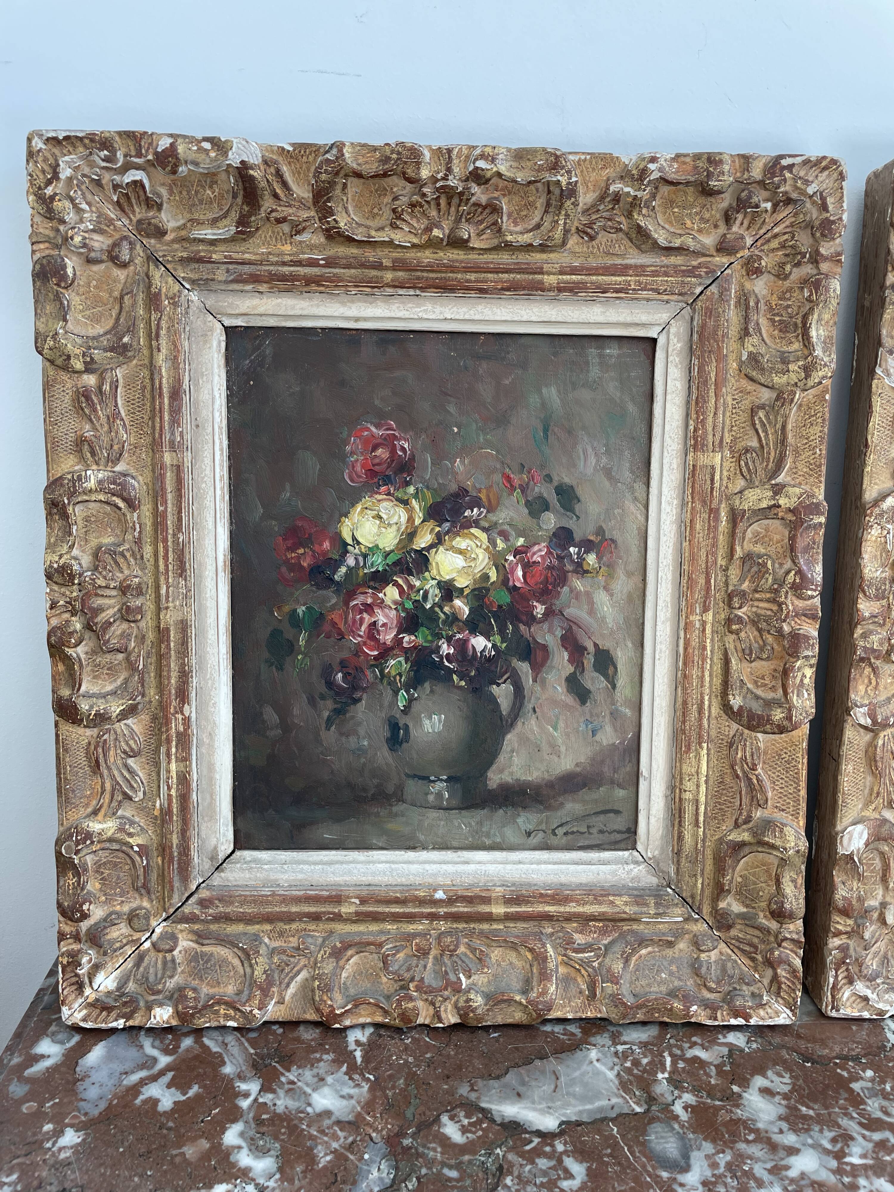 Pair, oil painting, 19th century, still life with bouquet of flowers, wooden frames, signed