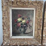 Pair, oil painting, 19th century, still life with bouquet of flowers, wooden frames, signed