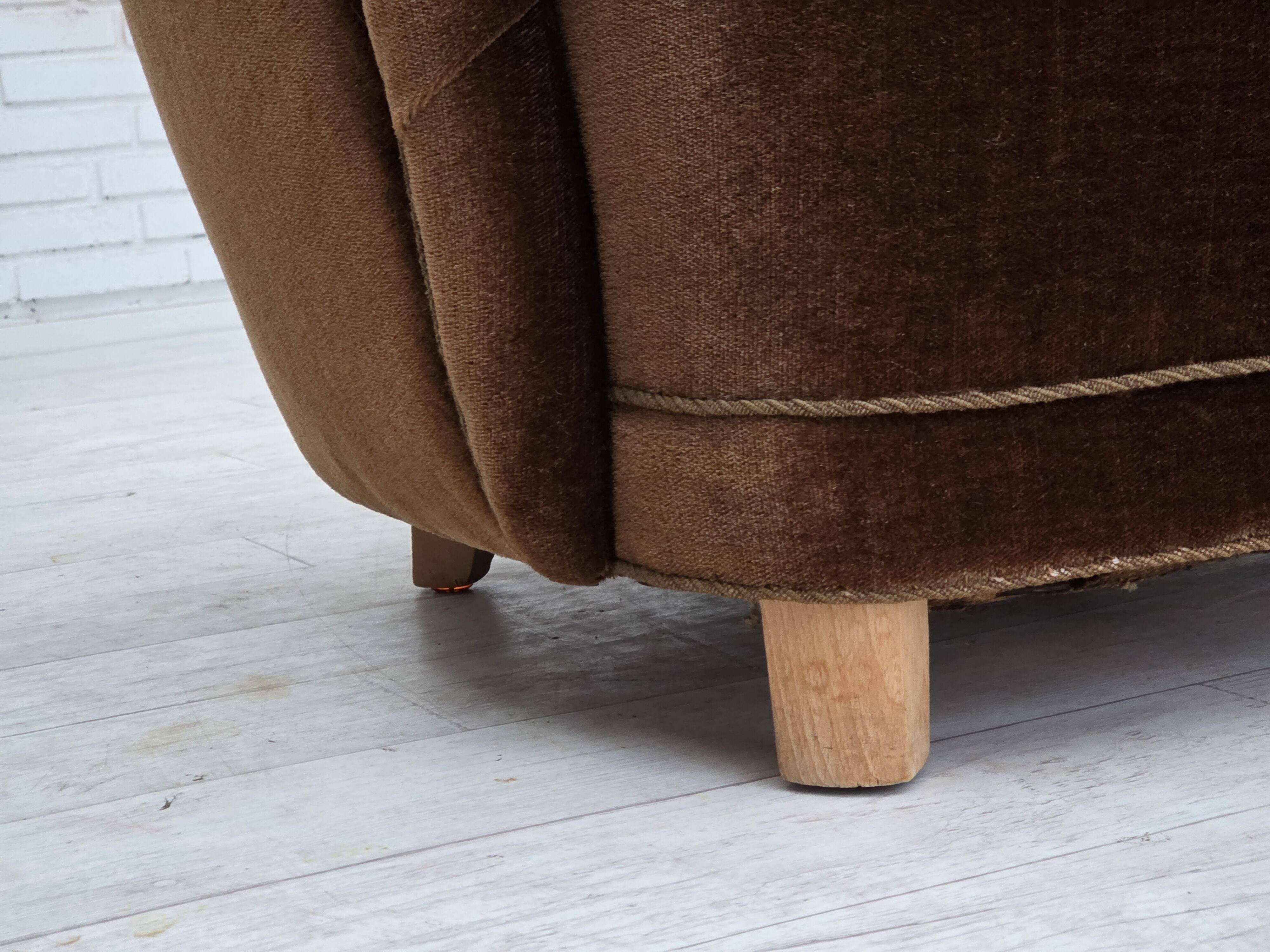 1960s, Danish curved chair, brown furniture velour.