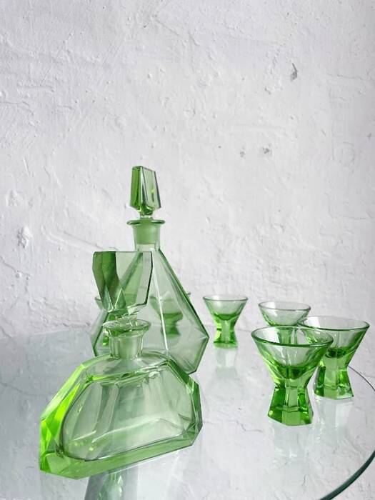 Green glass Art Deco liquor  set, Czechoslovakia 1920s-1930s