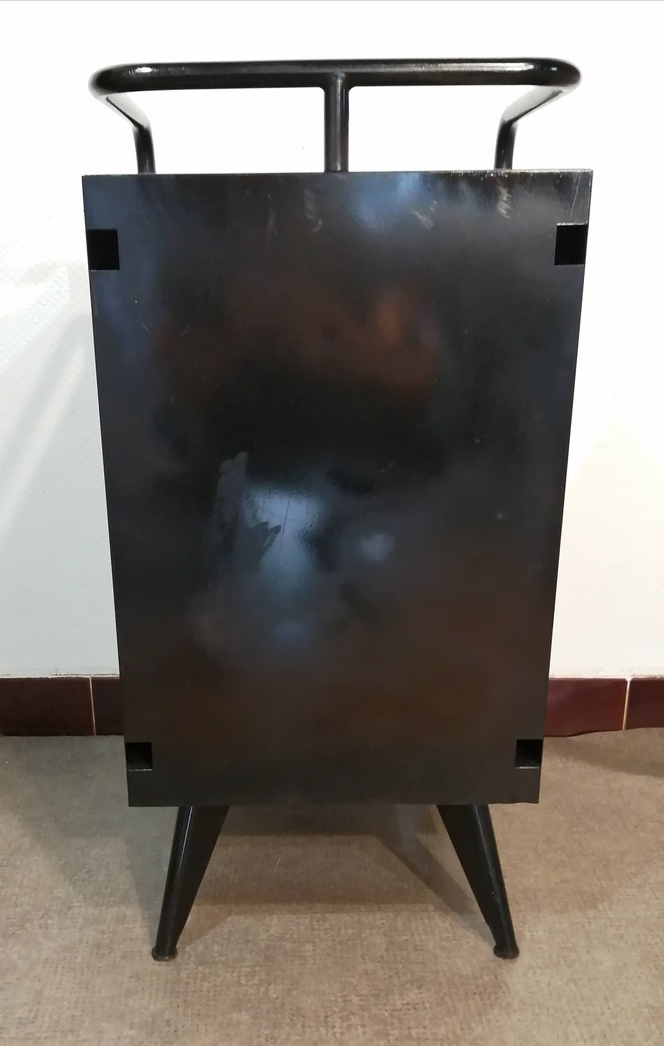 Black hospital/internment bedside table, all metal, compass legs, 1940s industrial.