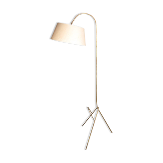 Large vintage metal tripod floor lamp with integrated magazine rack and embossed cardboard lampshade