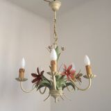 5 Light Vintage Italian Chandelier, Mathias Metal Bouquet, Pink Flowers