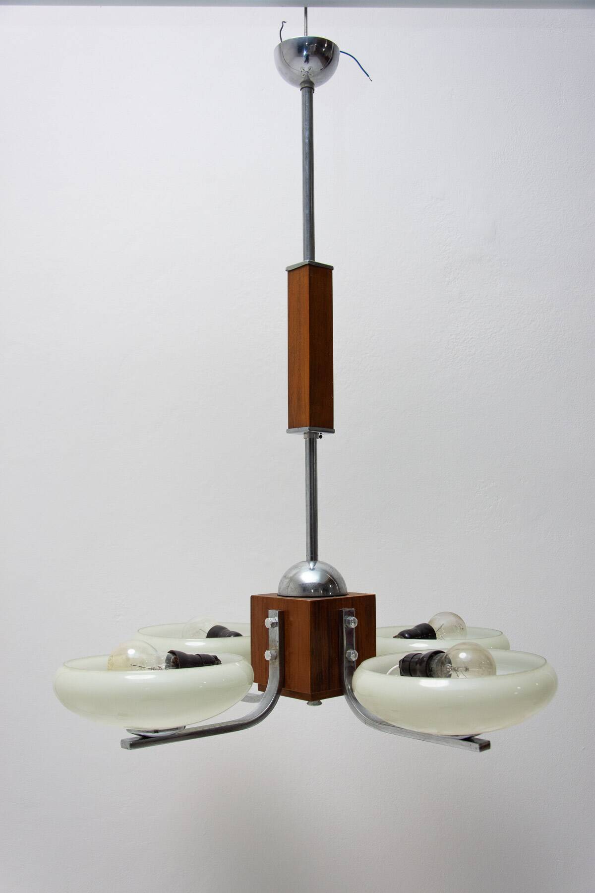 chrome and wood art deco pendant chandelier, circa 1930´s, bohemia