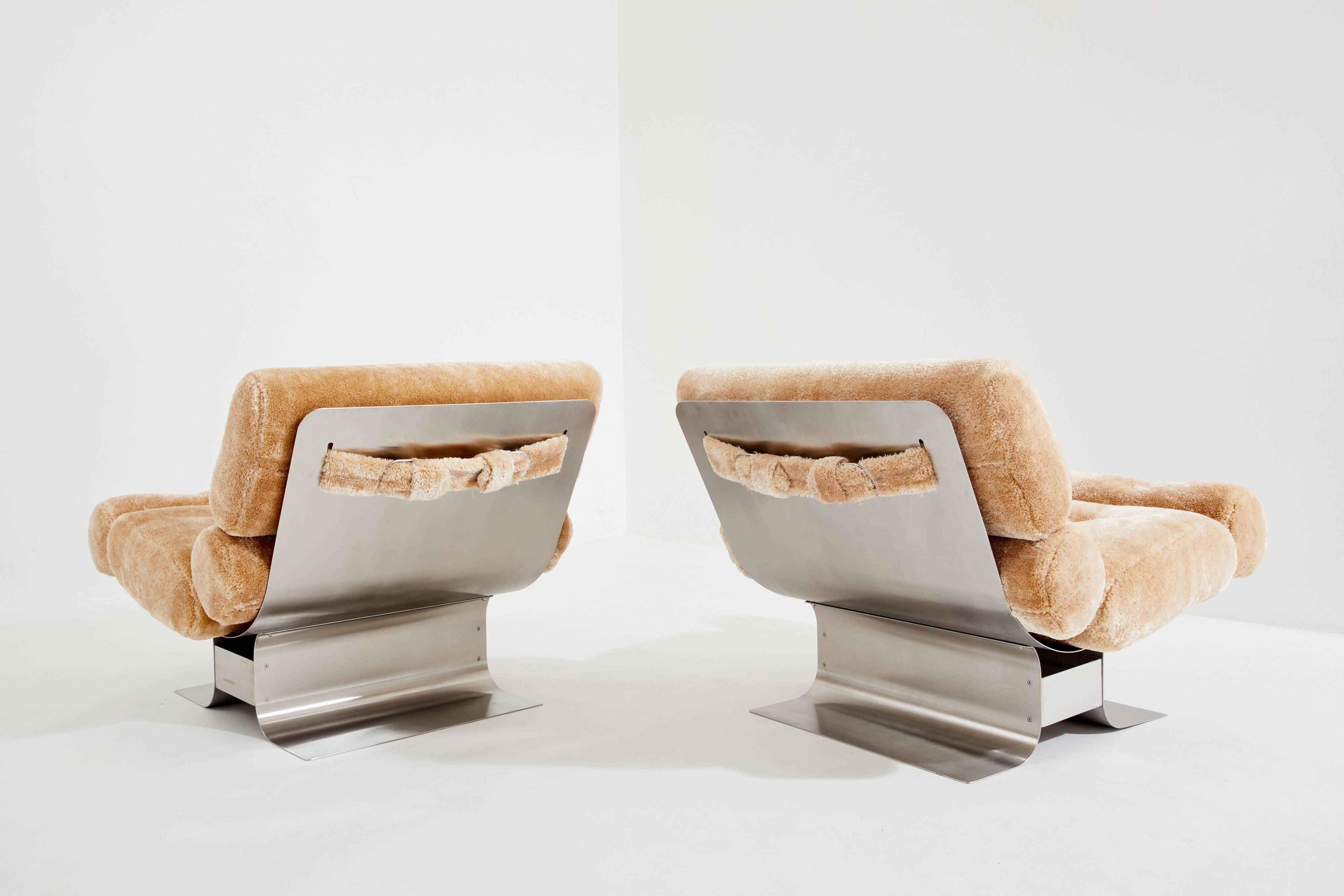 Pair of steel and Mohair velvet armchairs by François Monnet 1970