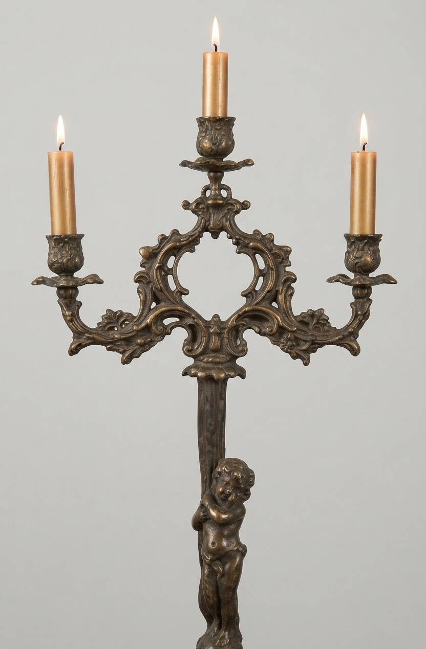 Antique bronze chandelier with putto, 19th century.
