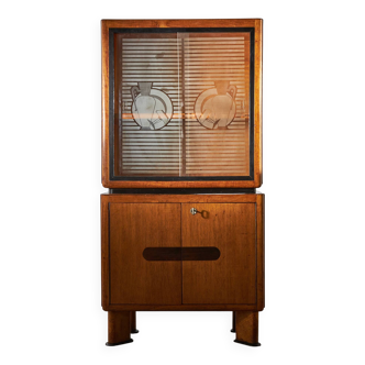1950's Oakwood Display Cabinet with Sliding Glass Panels