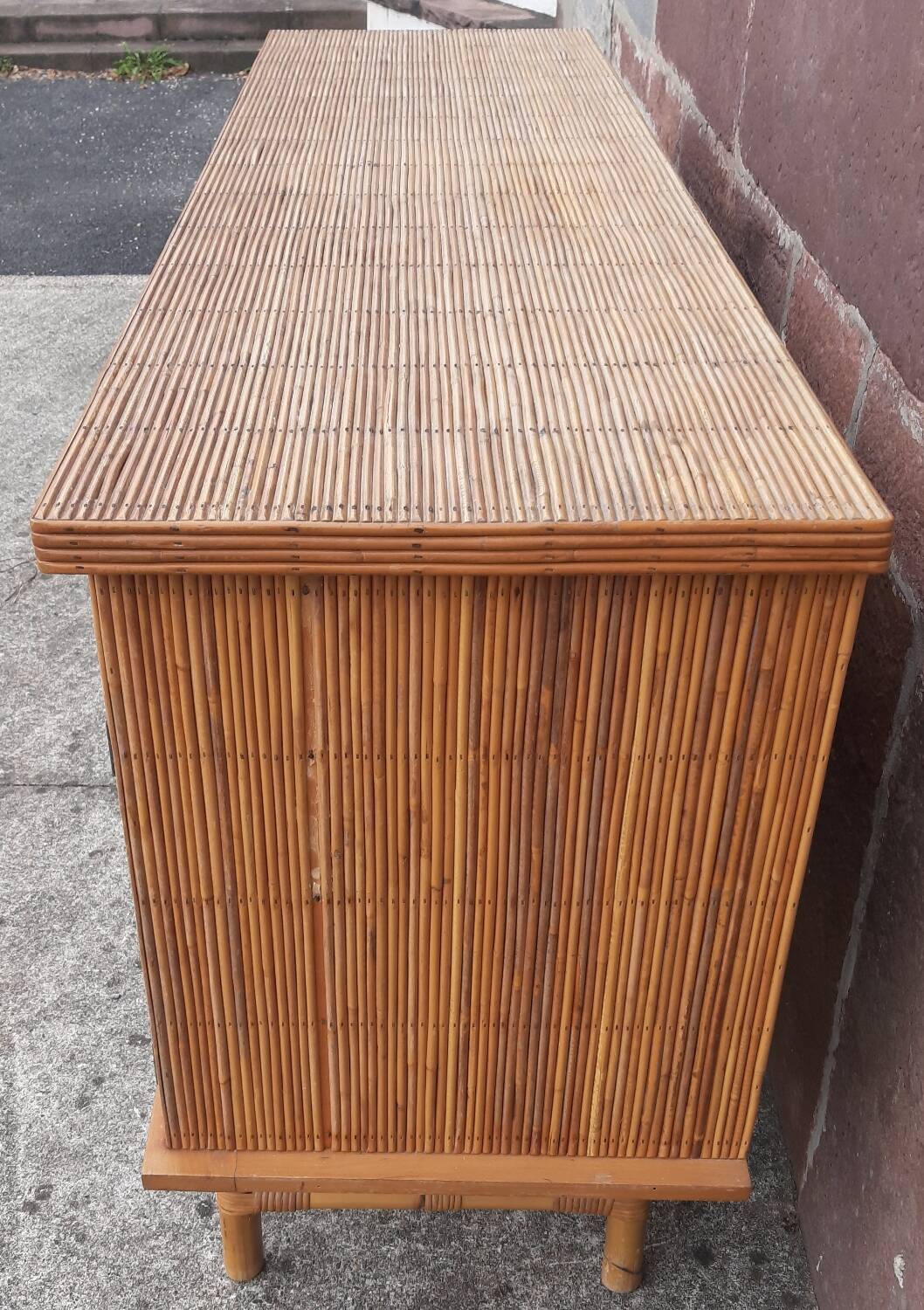 Console table in rattan and bamboo, (Attributed to Audoux-Minet)