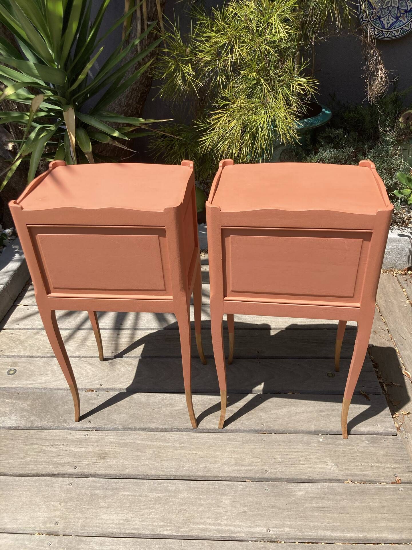 Pair of revamped bohemian / berber bedside tables with the heart "life is beautiful"