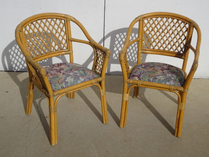 2 fauteuils en rotin, des années 80's, avec table basse upcycling