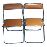 Pair, 2 vintage folding chairs, fawn color