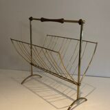 Folding magazine holders in brass and wood, around 1960