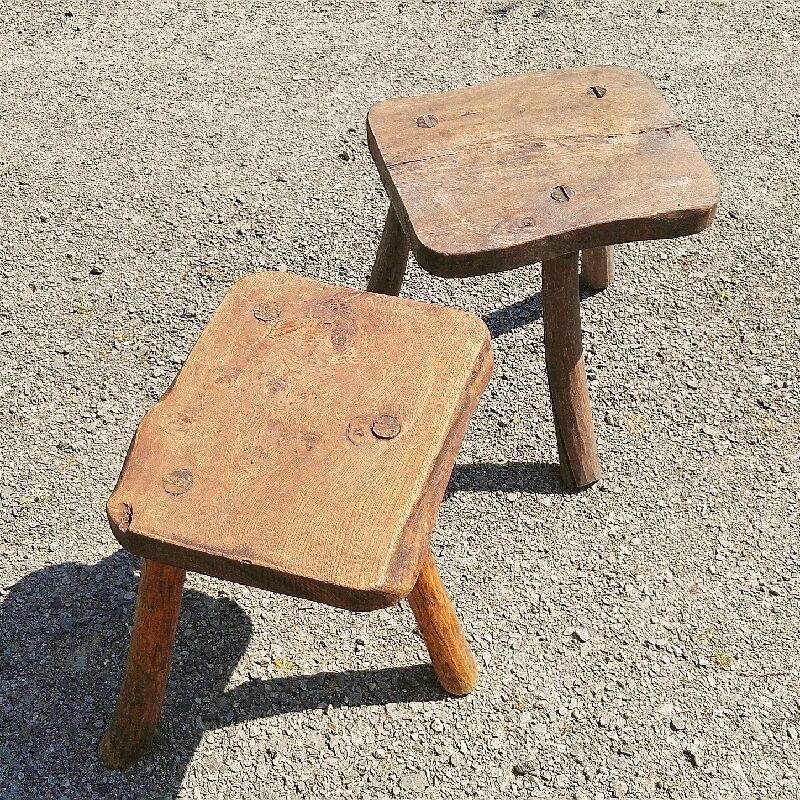 Pair of brutalist tripod stools vintage wood countryside