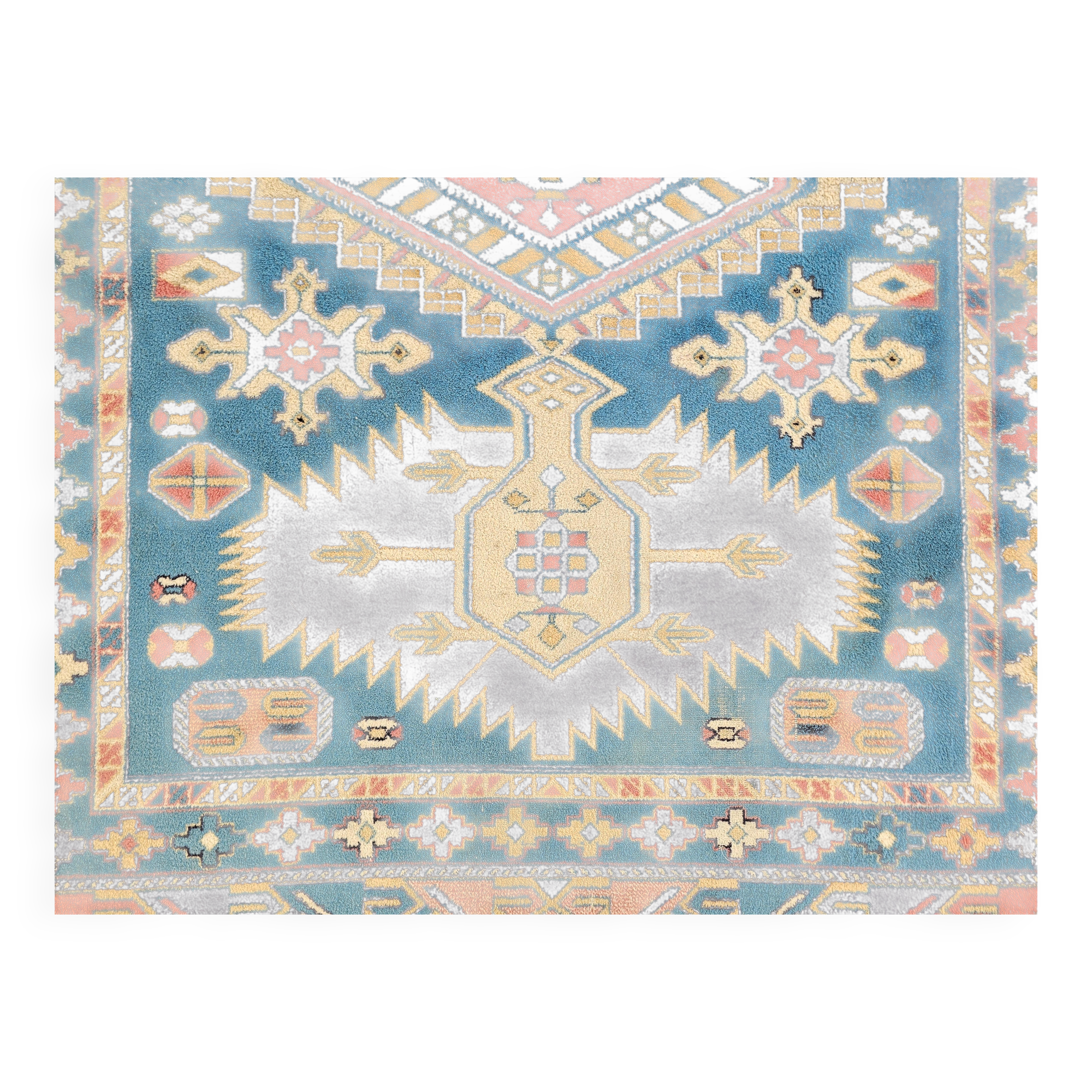 Vintage Kazak rug with geometric oriental motifs, 100% wool.