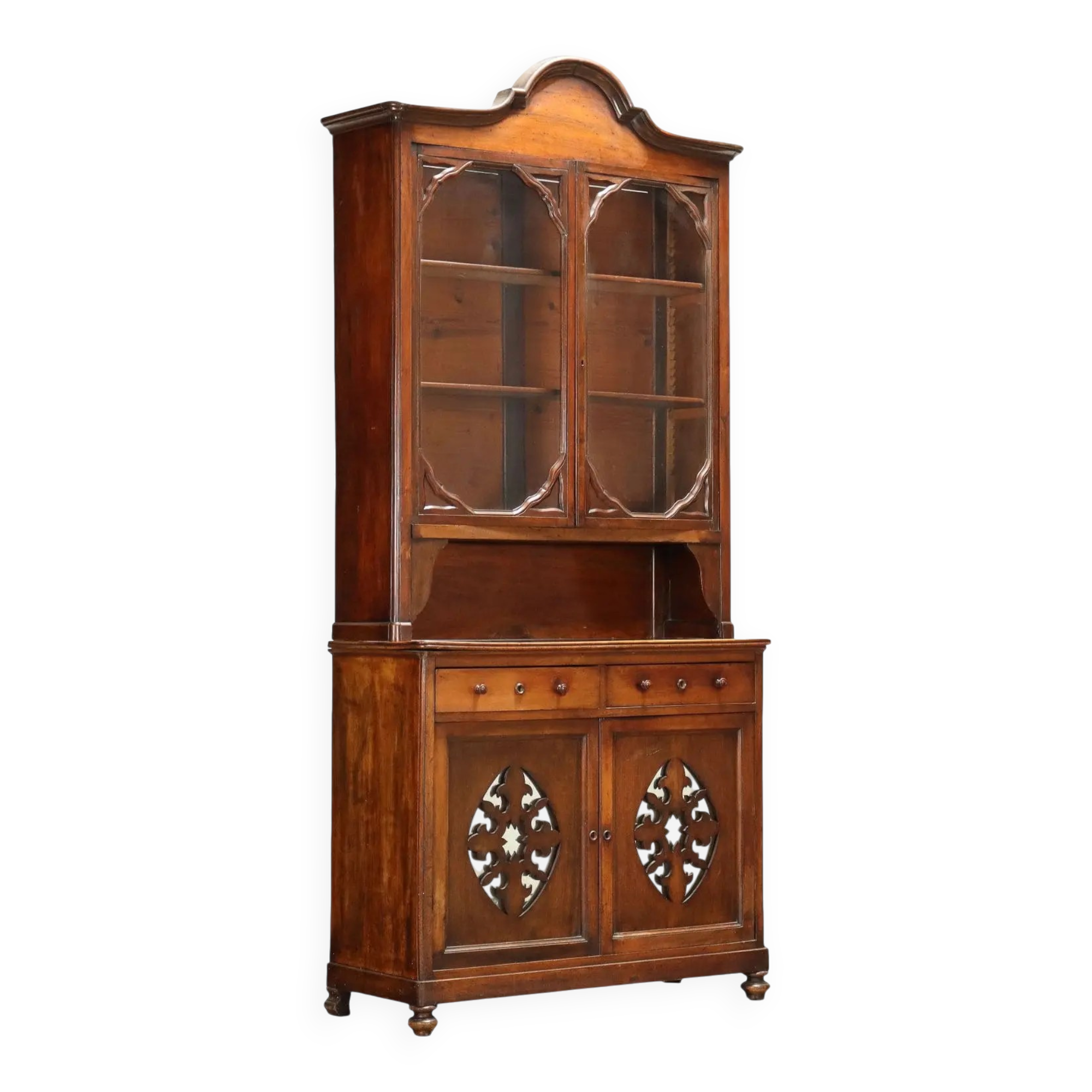 Antique double-bodied display cabinet with walnut drawers, Italy, 20th century.