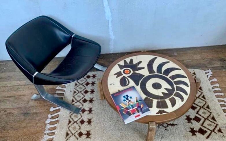 Ceramic coffee table and vintage wood year 1965 signed Dan
