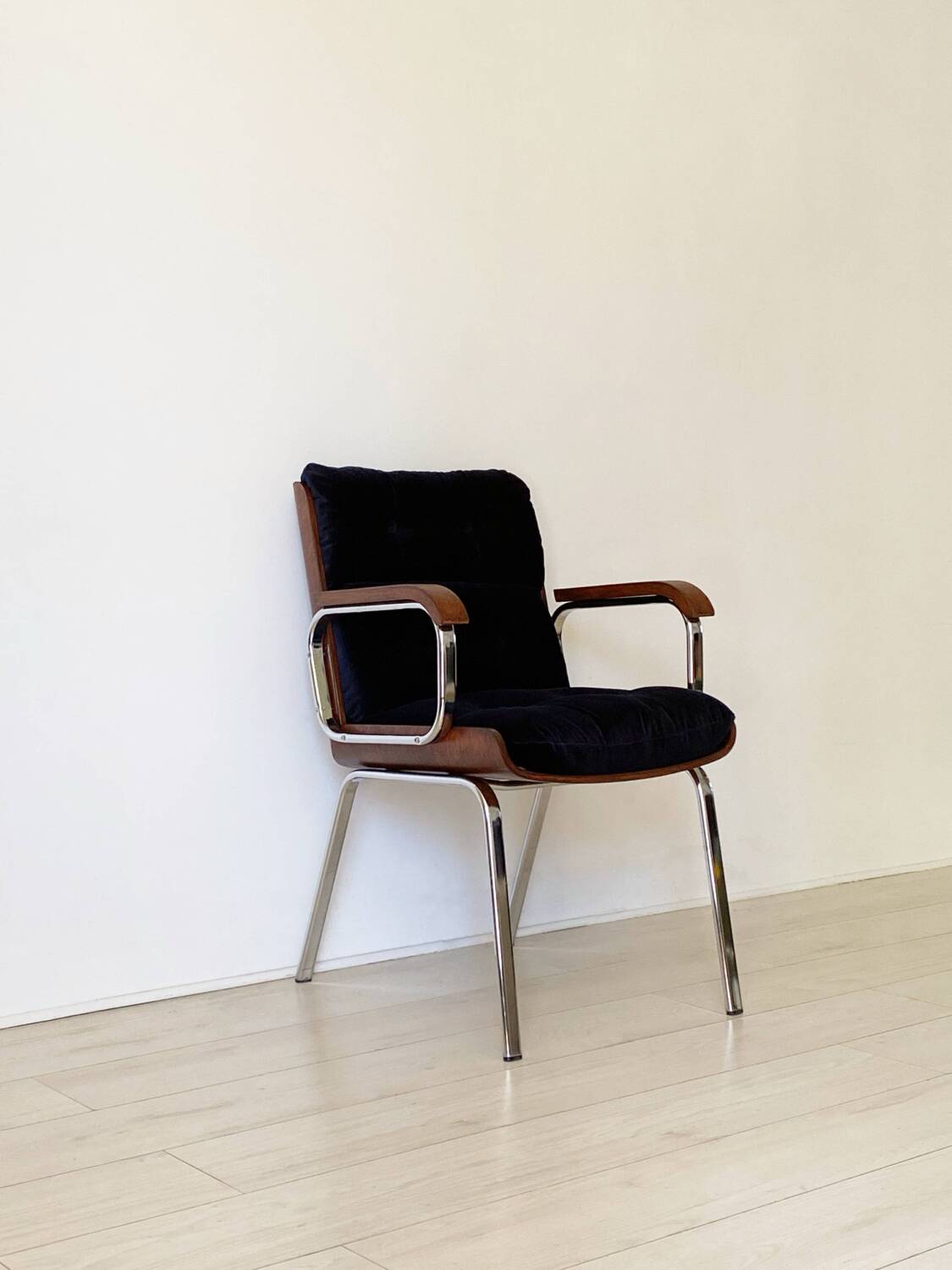 Vintage wood and metal velvet armchair