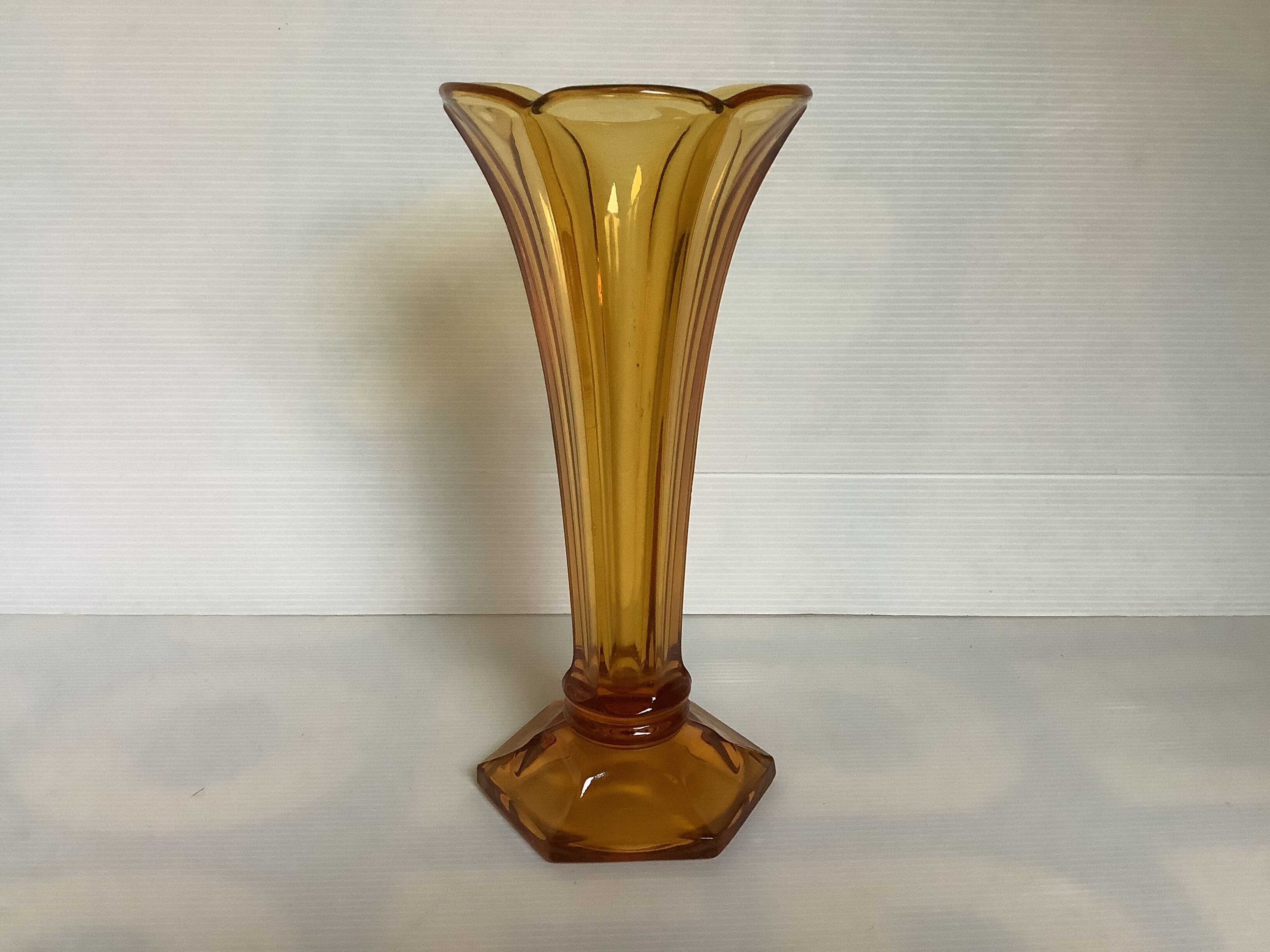 Old flower-shaped vase, moulded yellow glass, Art Deco.