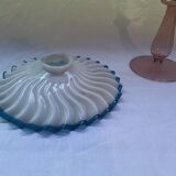 Vintage pendant lamp in white opaline with royal blue edging