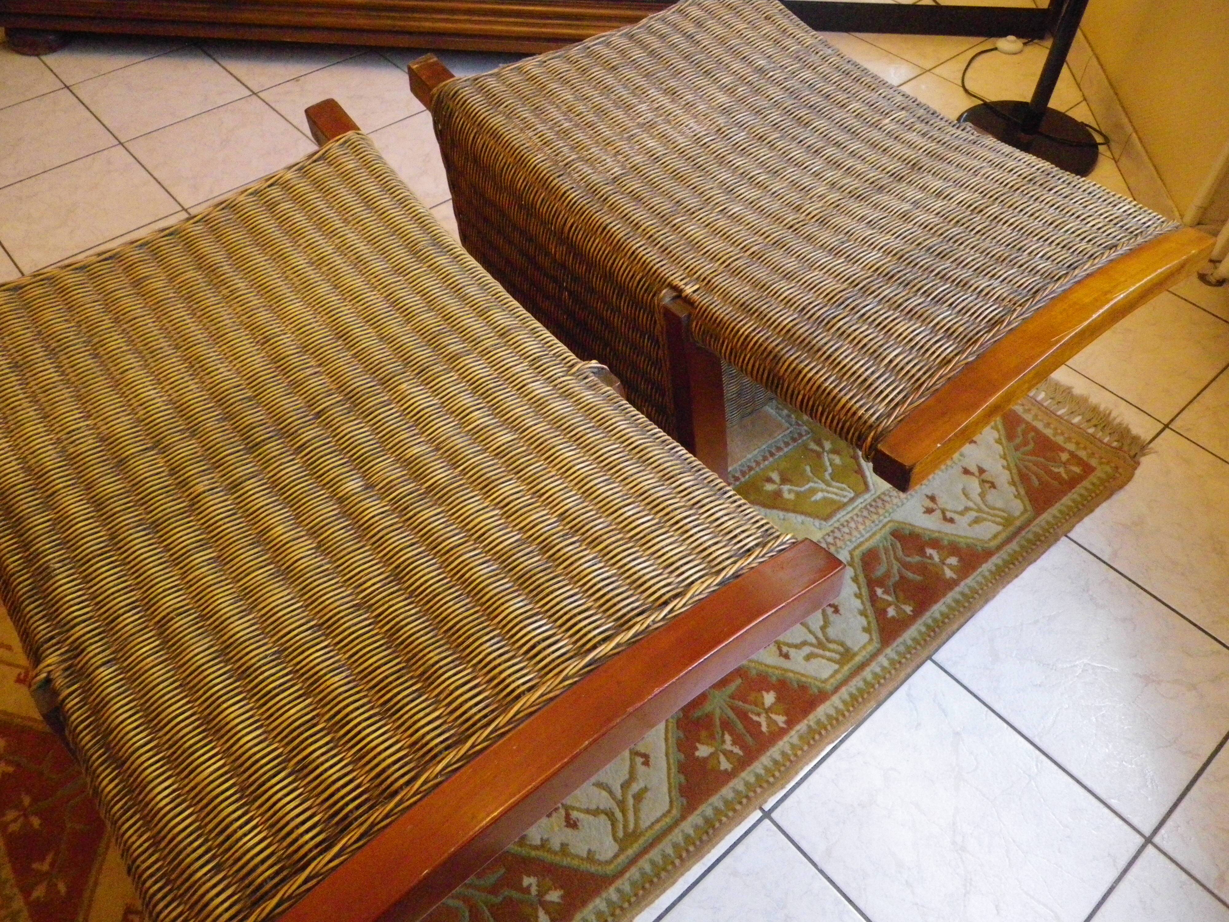 Pair of Club armchairs in ocean liner style, woven rattan and solid wood.