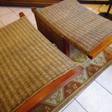 Pair of Club armchairs in ocean liner style, woven rattan and solid wood.