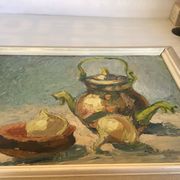 Tableau nature morte au couteau sur carton signé