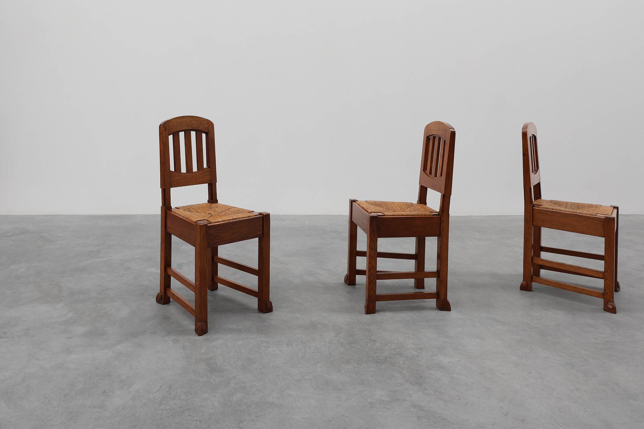 Set of 4 Early Art Deco Oak & Wicker Dining Chairs, Belgium, 1915
