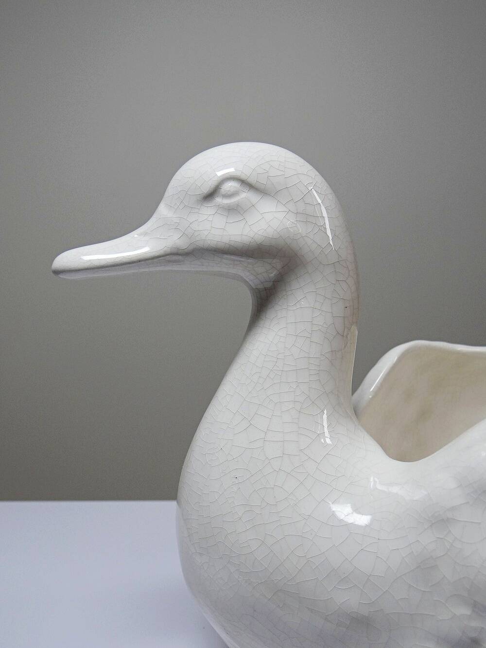 Cache pot/Coupe canard en faïence craquelée beige vintage