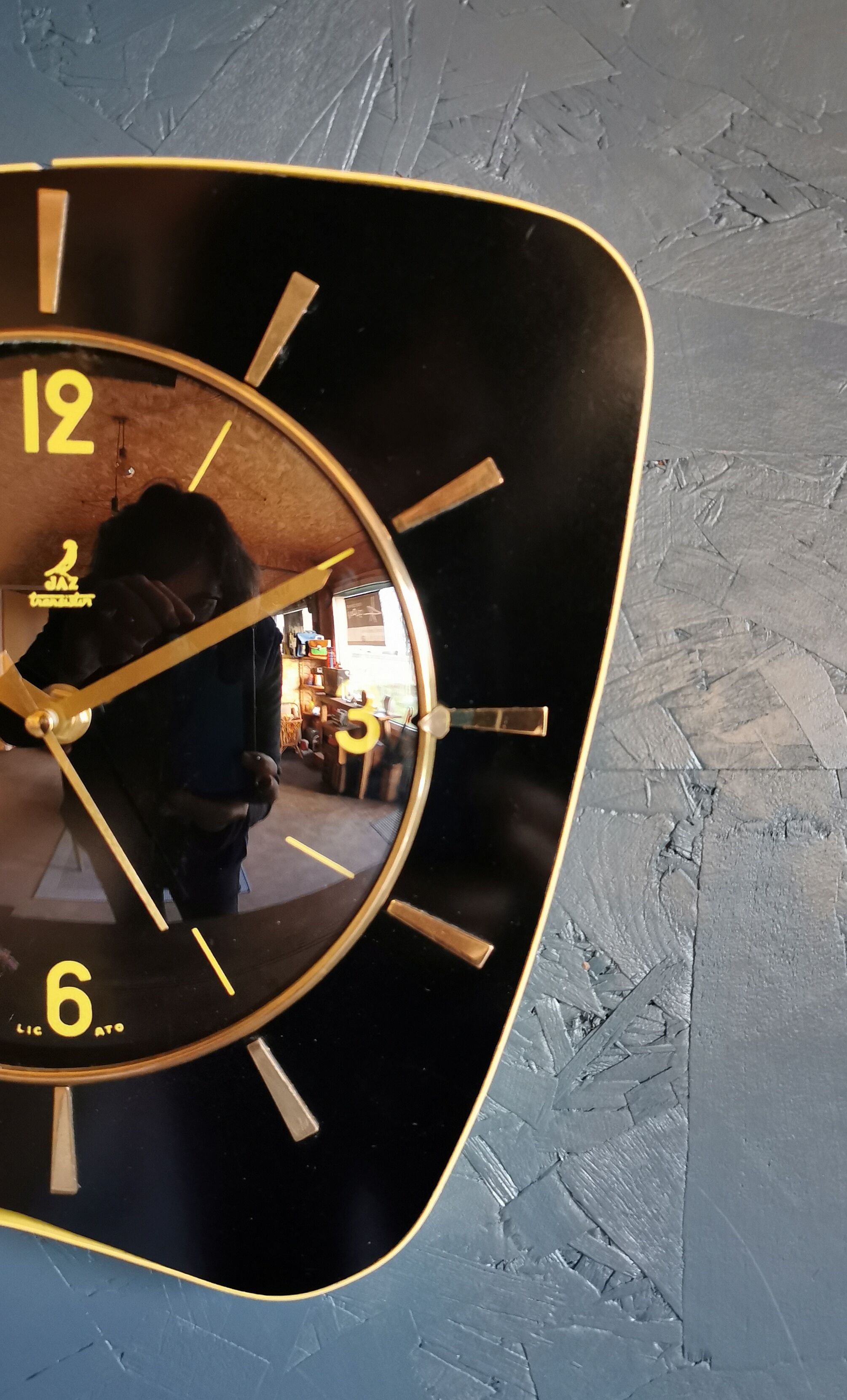 Vintage formica clock asymmetrical silent wall clock "Jaz black yellow"