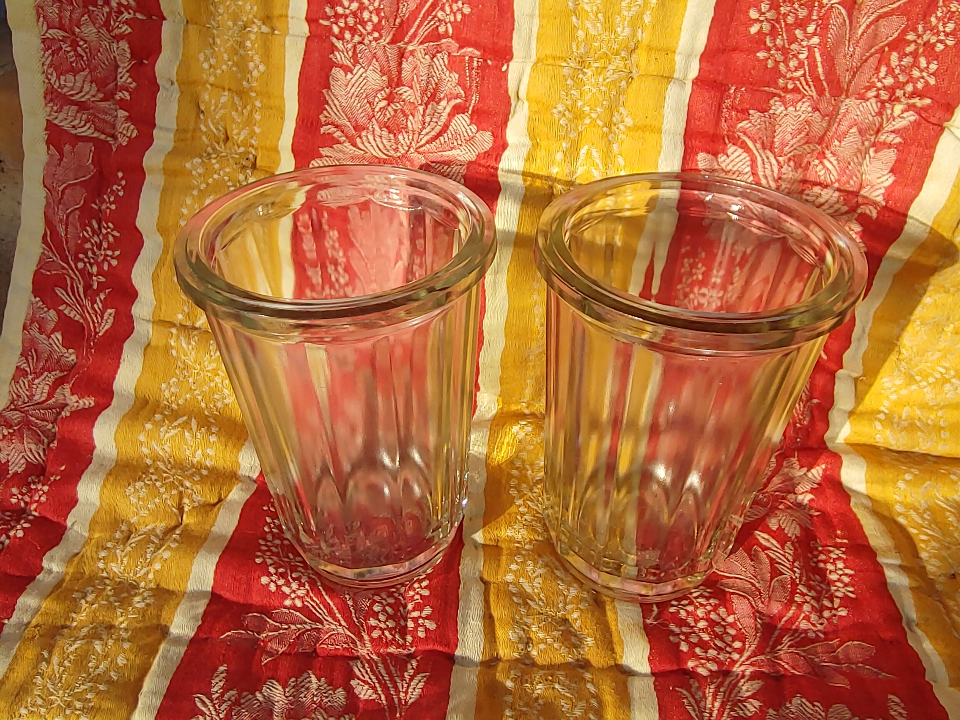 2 antique glass jam jars with ribs