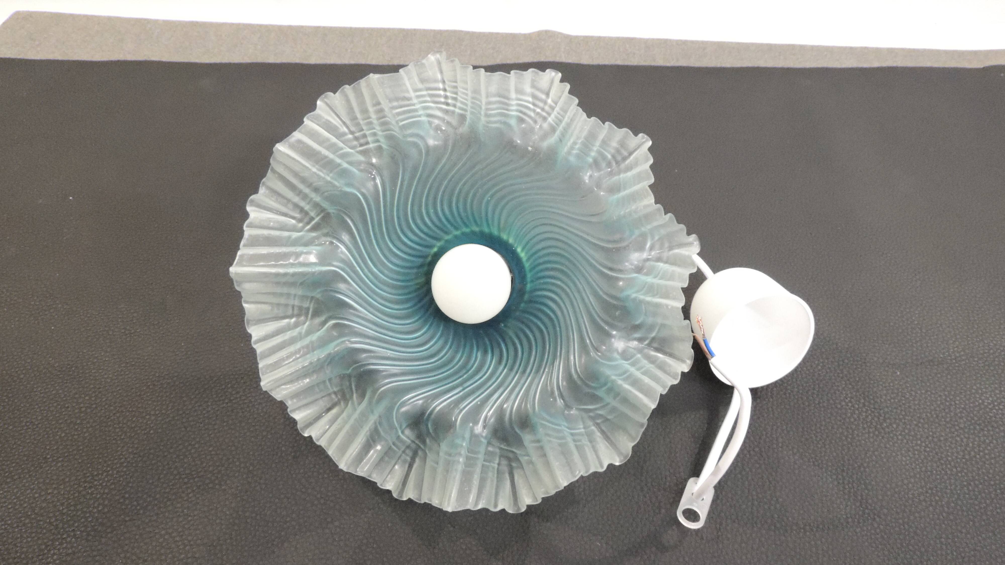 Vintage iridescent blue wavy glass suspension – flower lampshade – years lamp