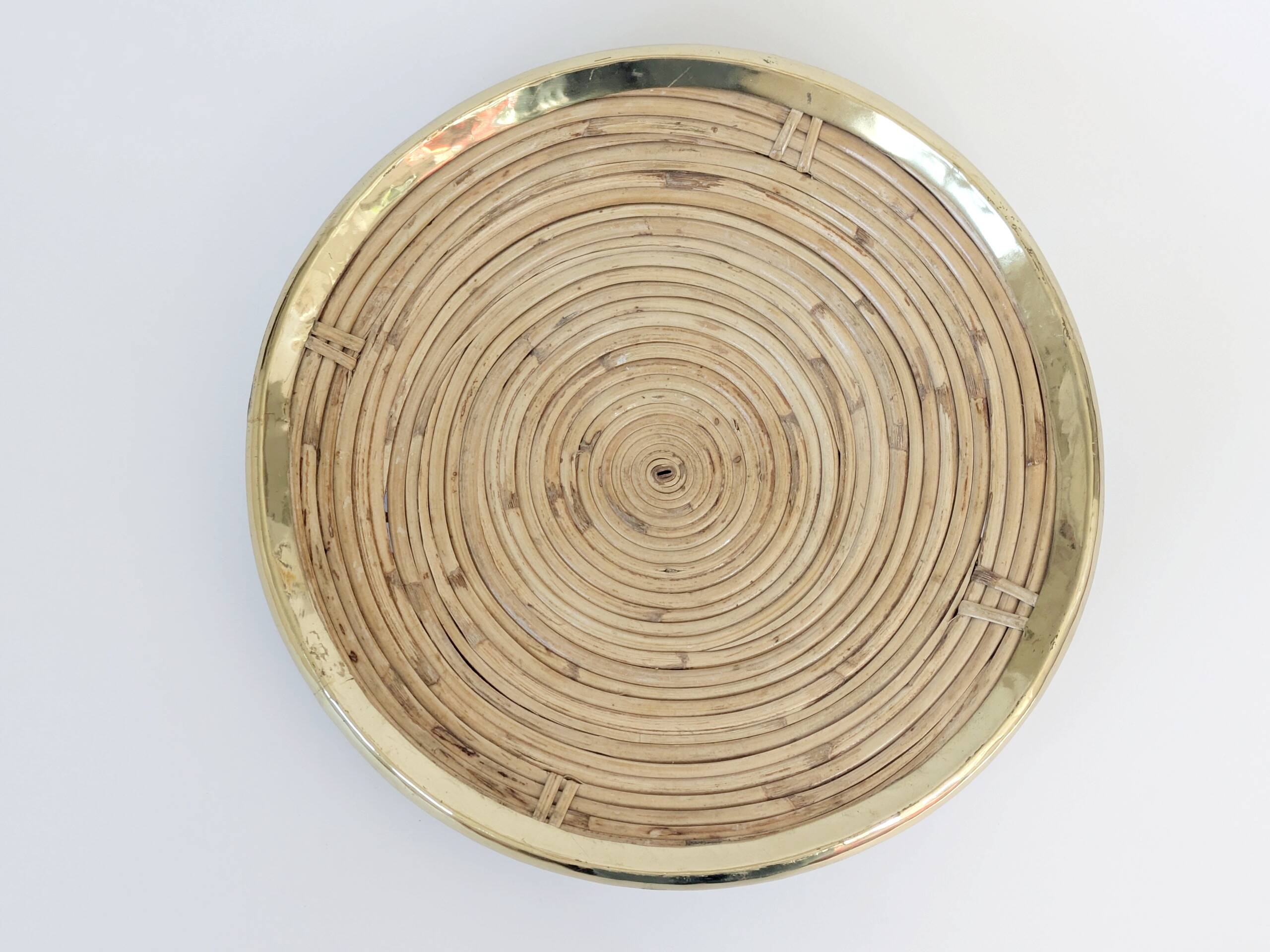 Round rattan and brass bowl, Italy 1970s, Gabriella Crespi style