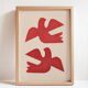 Painting of birds 30x40cm red on paper signed Eawy