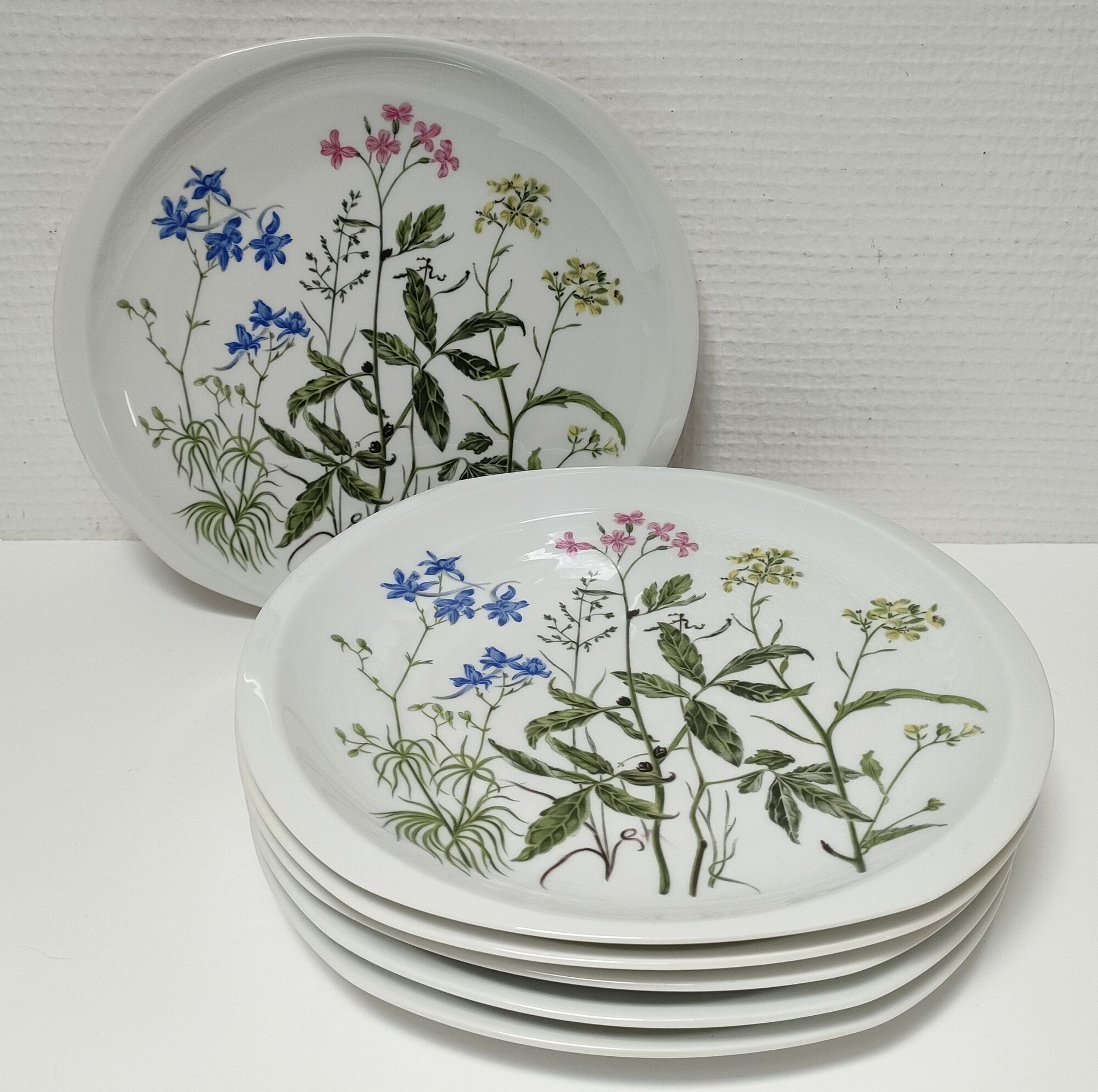 Six flat plates porcelain Bernardaud Limoges model Alcée floral decoration