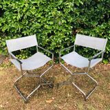 Pair of folding metal and leather armchairs