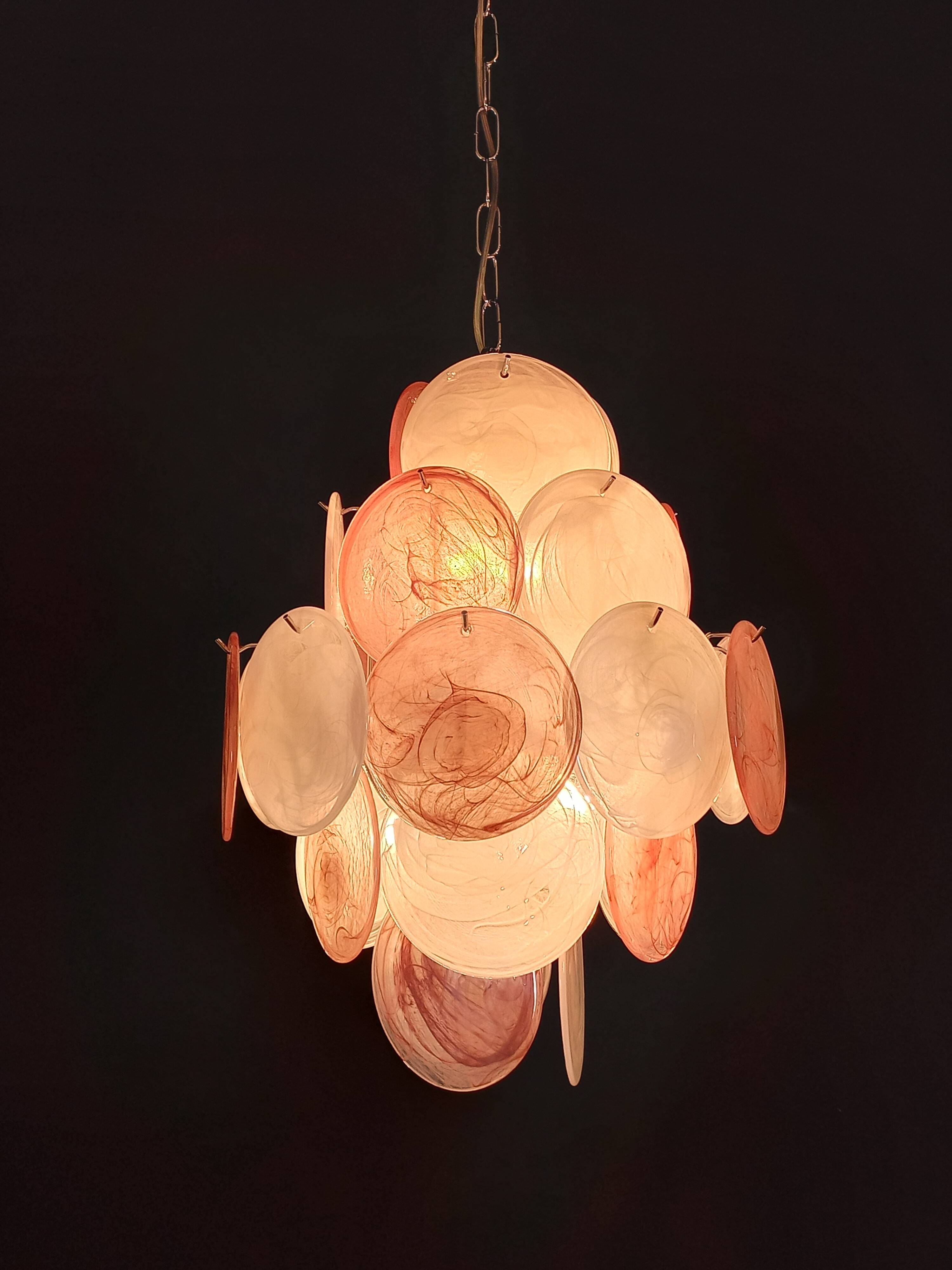 Handcrafted chandelier with alabaster disc glass, Murano glass.