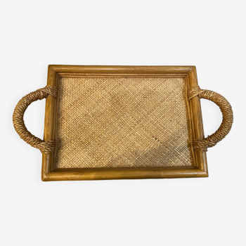Rectangular rattan and weaved mat tray with double handles