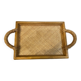 Rectangular rattan and weaved mat tray with double handles