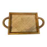 Rectangular rattan and weaved mat tray with double handles