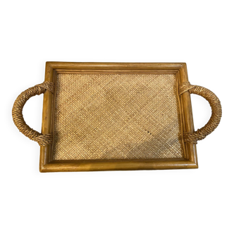 Rectangular rattan and weaved mat tray with double handles