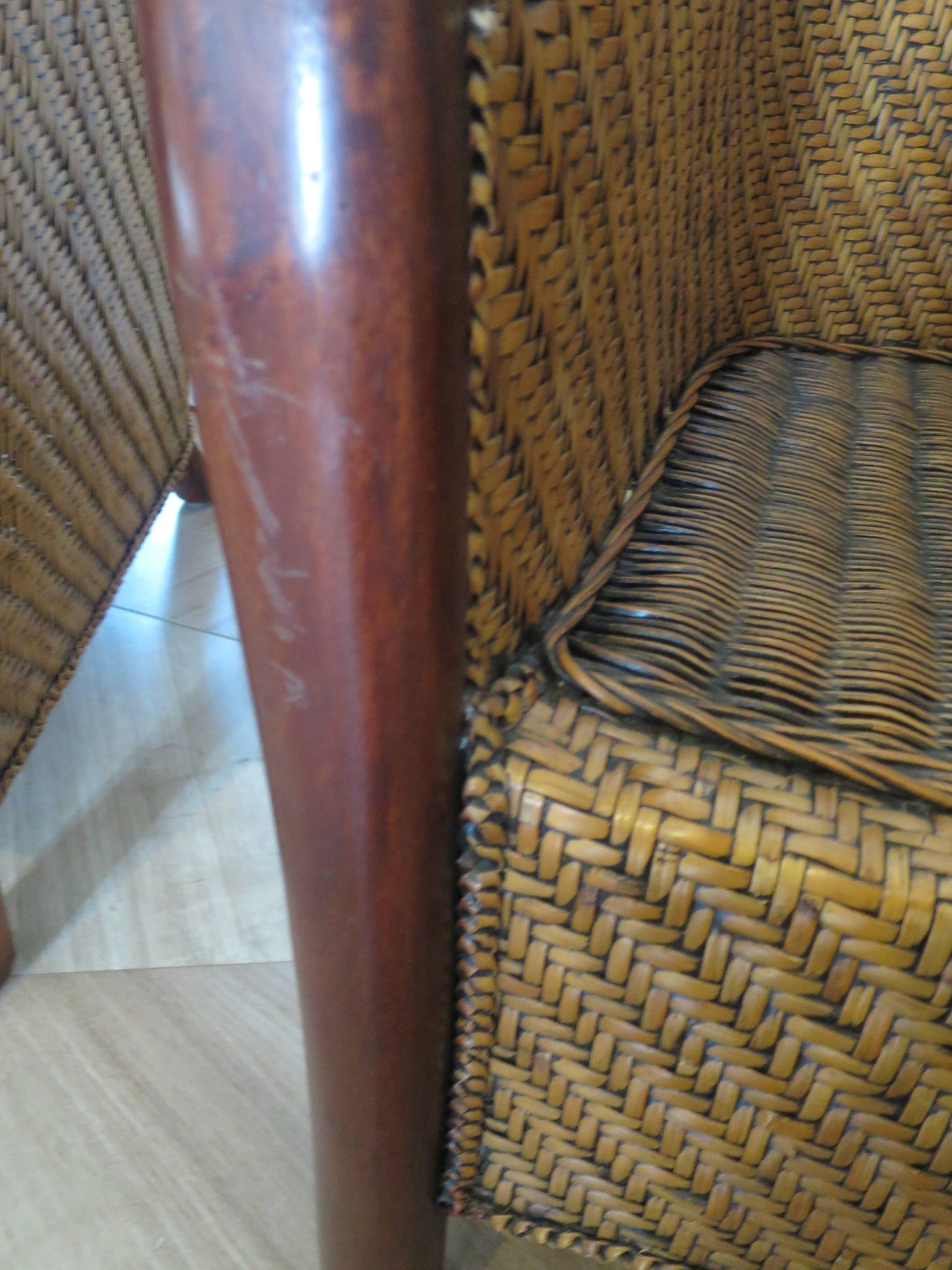 Set of 2 armchairs in woven rattan and exotic wood, 1980s
