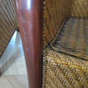 Set of 2 armchairs in woven rattan and exotic wood, 1980s