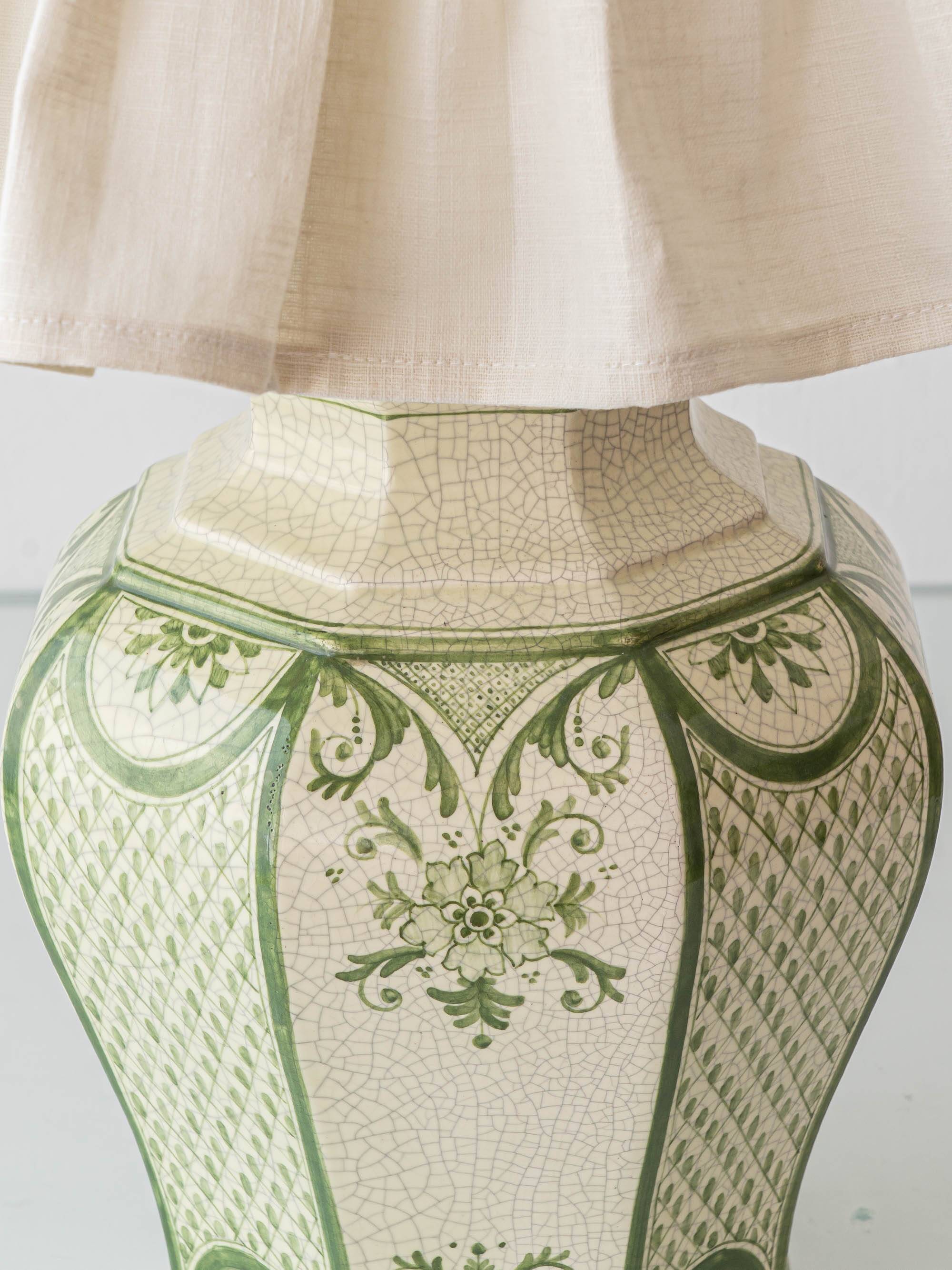 Spanish Revival Table Lamp in Green Ivory Crackle Ceramic, New Linen Shade