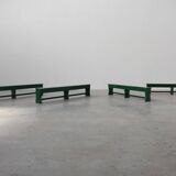 Rustic primitive green farmhouse bench in solid oak, France ca. 1900