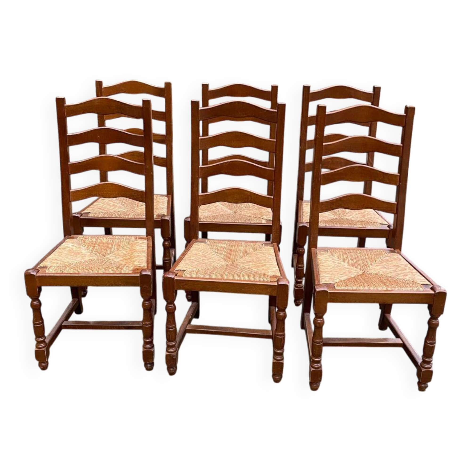6 solid oak dining chairs with straw seats, 104cm