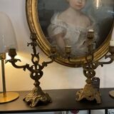 Pair of 3-branch candlesticks. Bronze